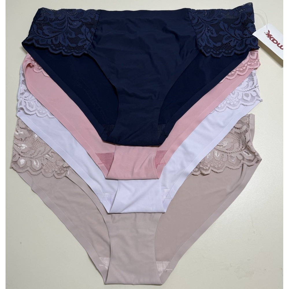 NWT LAURA ASHLEY 4 pack briefs Panties Sz L Blue & 3 Tone Pink Lace Trimming